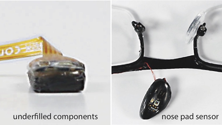 Glabella: Figure 7, sensor board underfill protection, custom-printed nose pad with embedded sensor
